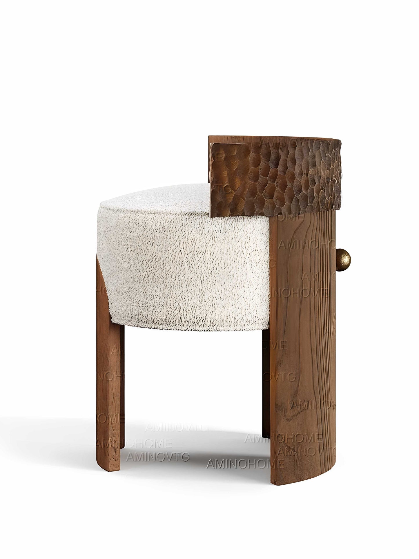 Home Designer Solid Wood Accent Chair with Boucle Upholstery, French Vintage Curved Backrest Dining Chair, Luxury Vanity Stool with Textured Wood Base