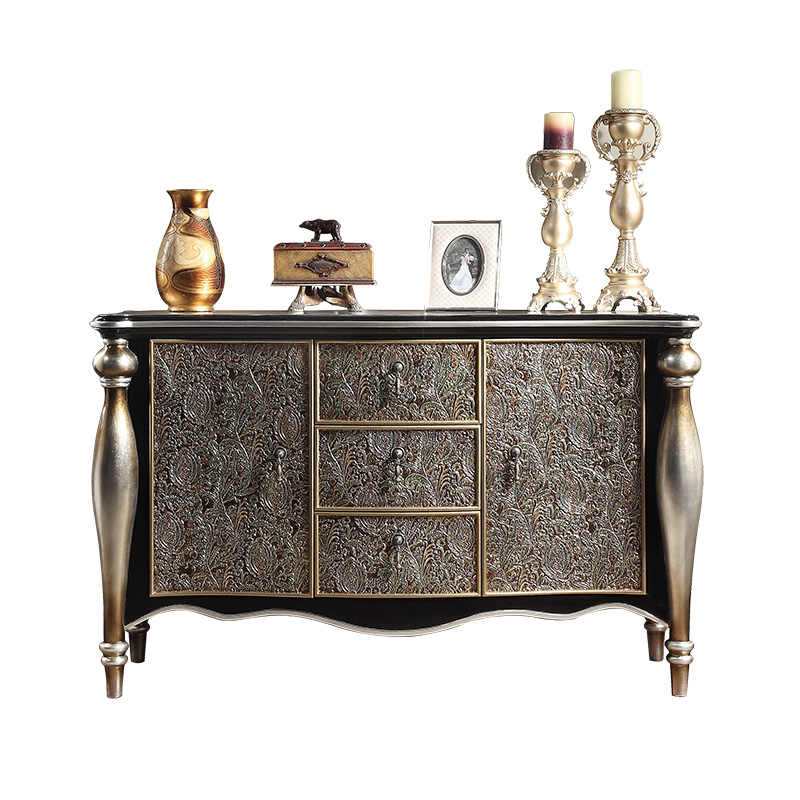 European Luxury Embossed Metal Console Cabinet with Ornate Relief Panels, Solid Wood Entryway Storage Sideboard with Curved Legs, Villa-Style Dining Room Bar Cabinet