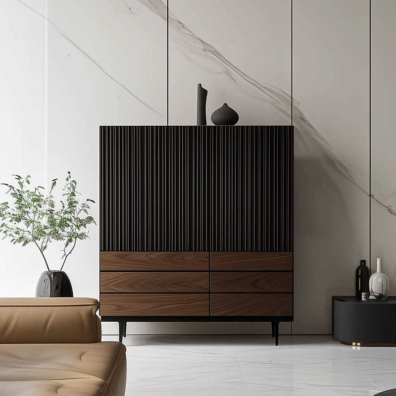 Nordic Walnut Wood Tall Storage Cabinet – Modern Fluted Black and Wood Accent Dresser, Contemporary Living Room Sideboard, Minimalist Bedroom Entryway Console