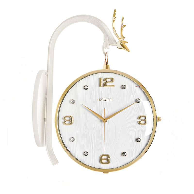 Modern White Double-Sided Wall Clock with Golden Deer Accent – Luxury Silent Quartz Hanging Clock for Living Room, Hallway, and Office