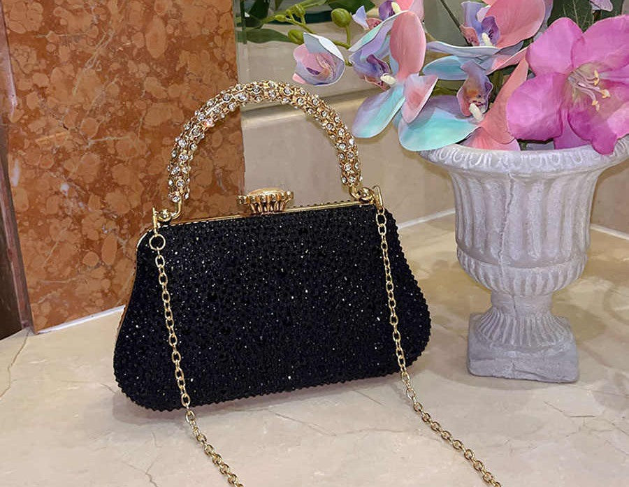 UGALS French Luxury Beaded Evening Clutch with Crystal Handle, Vintage Rhinestone Frame Purse with Chain Strap
