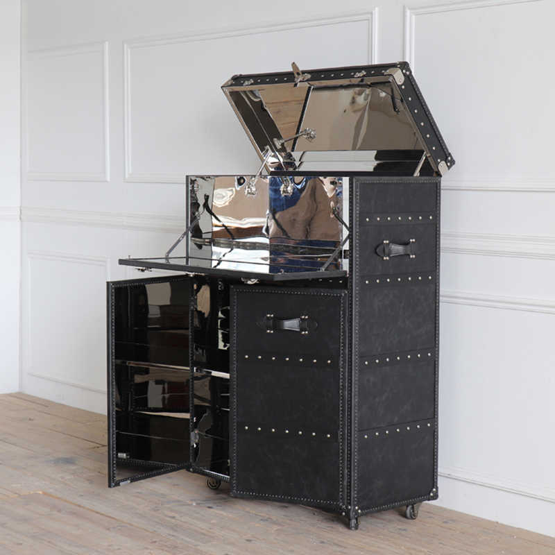 Vintage Industrial Steamer Trunk Bar Cabinet – American LOFT Style Leather-Wrapped Liquor Storage with Mirror Interior, Mobile Entertainment Console