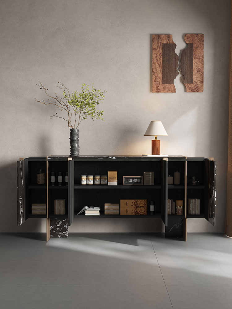 Modern Vintage Black Oak Sideboard Buffet – Luxury Black Marble Storage Cabinet for Living Room, Entryway, Villa