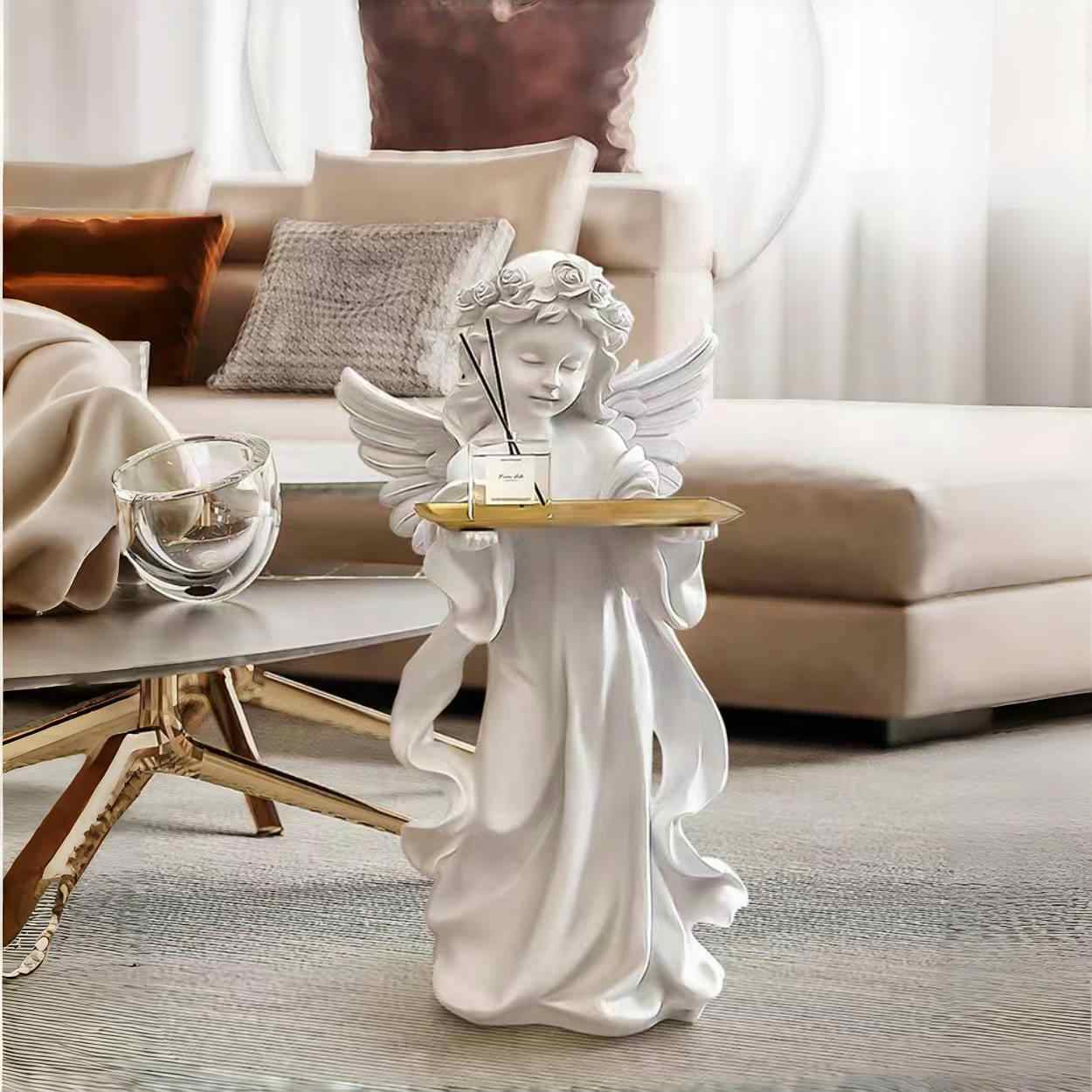 Alice Angel Tray Sculpture – Luxury White Resin Decorative Statue, Entryway Living Room Accent, TV Cabinet Organizer