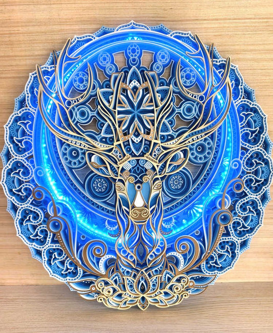 Creative Mandala Deer Wall Art – 3D Wooden Round LED Acrylic Panel, Modern Style Living Room, Dining Room