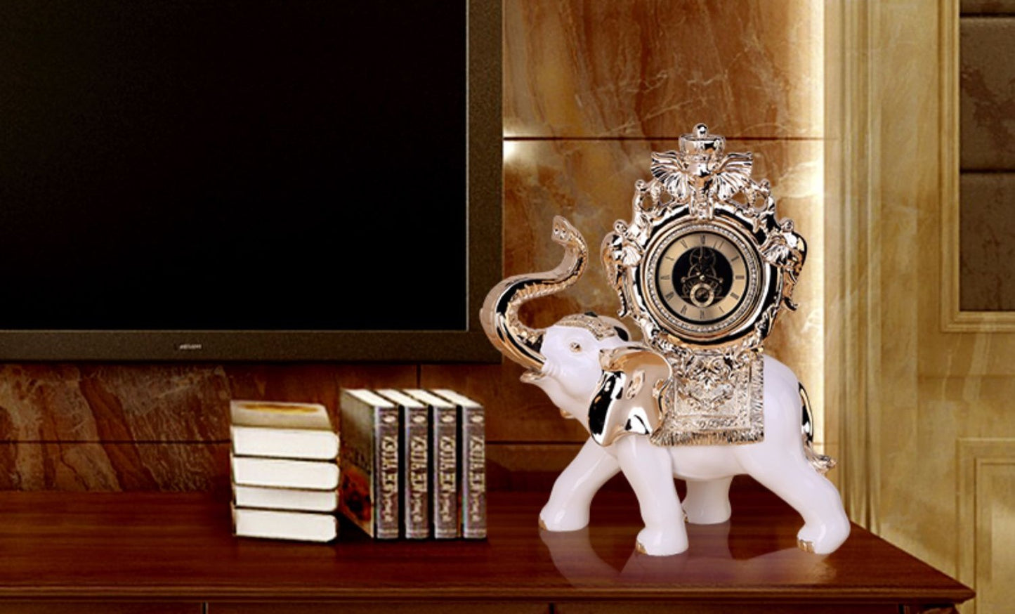 Luxury Rose Gold Elephant Clock Sculpture – Large Resin Table Clock Figurine for Living Room, Bedroom, or Gift