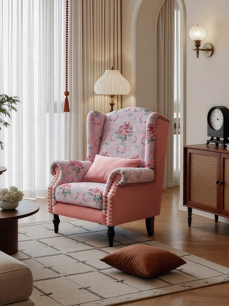Vintage Pink Rose Manor Chair – Retro High-Back Sofa with Ottoman, Living Room/Bedroom/Designer Balcony