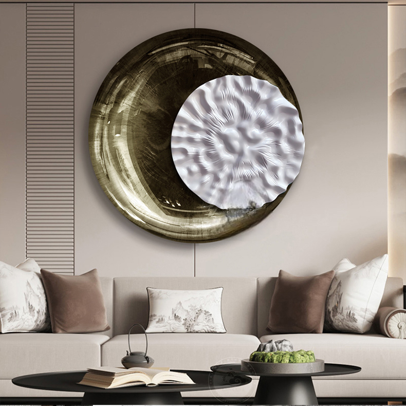 Large 3D Round Wall Art – Modern Embossed Abstract Green Oil Painting, Sandstone Relief, Minimalist Living Room, Hotel Lobby, Foyer Decor