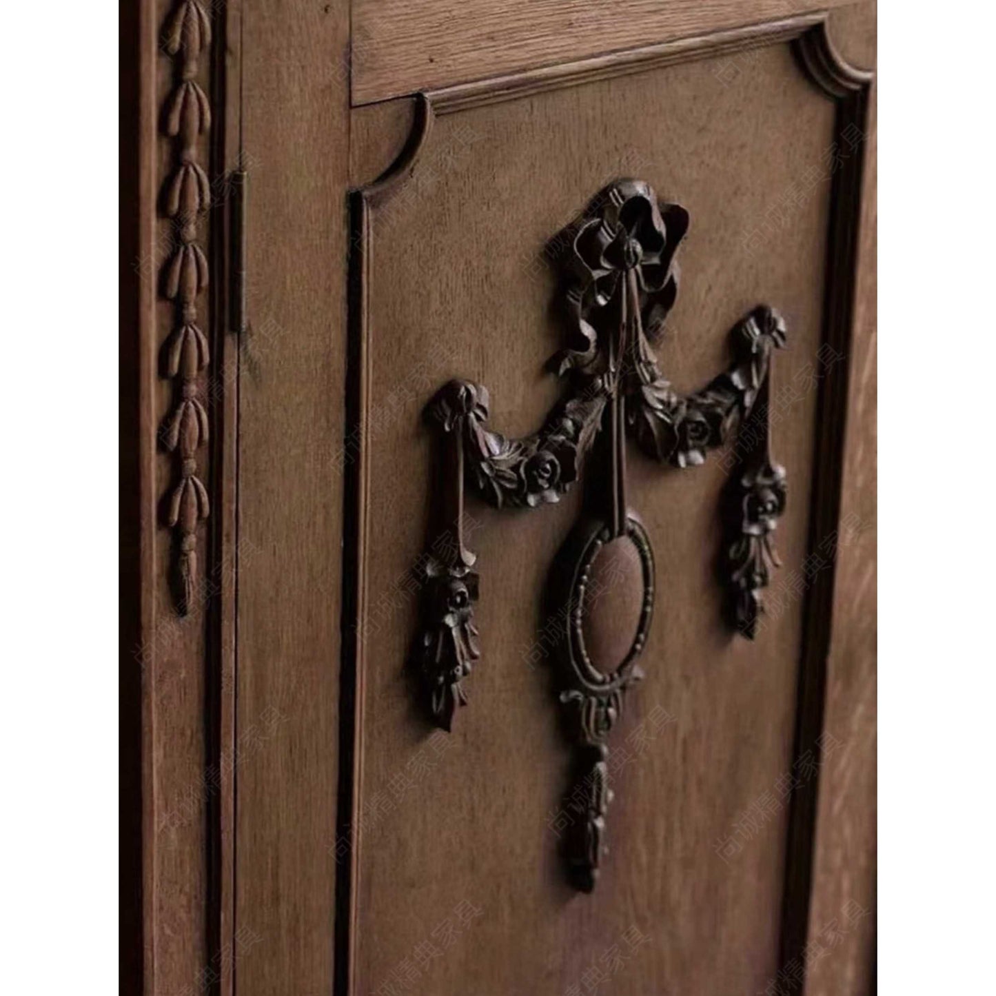 French Vintage Solid Wood Sideboard with Greek Key Pattern & Ornate Metal Swags, Louis XVI Style Storage Cabinet with Turned Legs