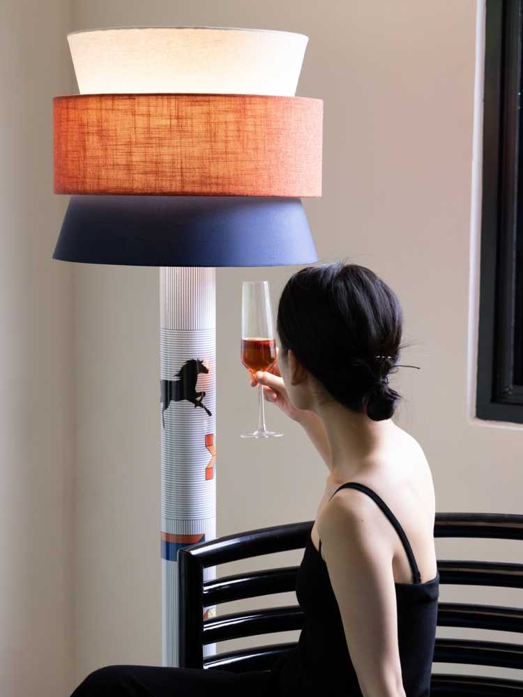 Modern Linen Color Block Floor Lamp, Blue Orange Accent, Adjustable Three-Tone Light for Living Room, Bedroom, Office