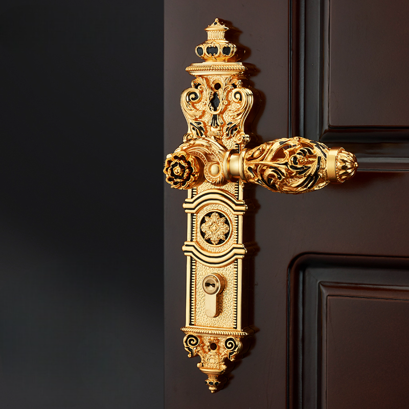 Gold Luxury Door Handle Set, Ornate Zinc Alloy Silent Magnetic Lever Lock for Interior Wood Doors, Villa Entry, Thick Door Compatible