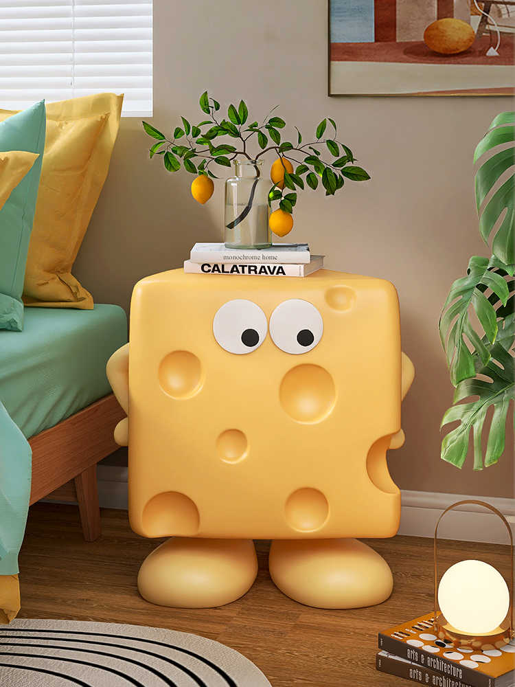 Cute Cheese Block Coffee Table, Instagram-Style Cartoon Side Table with Googly Eyes, Cream Aesthetic Nightstand for Kids Room, Living Room