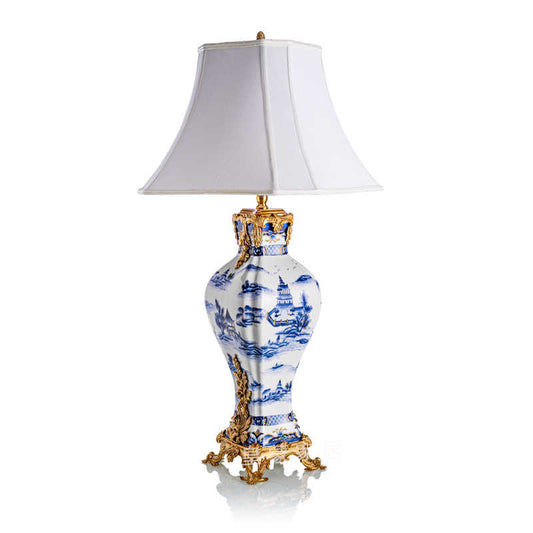 European Style Blue and White Porcelain Table Lamp with Gold Accents, Luxury Ceramic Bedside Light for Living Room Bedroom