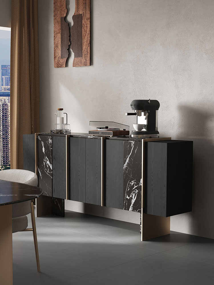 Modern Vintage Black Oak Sideboard Buffet – Luxury Black Marble Storage Cabinet for Living Room, Entryway, Villa