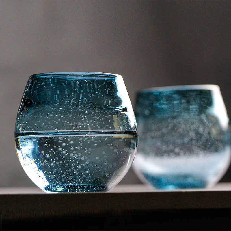 Handmade Teal Bubble Whiskey Glass Set of 2 – 330ml Artistic Crystal Tumbler, Unique Firenze Style with Wood Gift Box, Lead-Free Bar Glassware