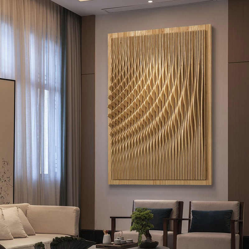 Modern Solid Wood 3D Hand-Carved Wall Art Panel, Designer Gradient Slot Sculpture for Living Room, Entryway, Hotel—Frameless