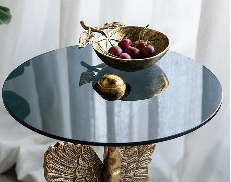 Luxury Fairy Wing Side Table, Modern Gold Angel Accent Coffee End Table with Glass Top, Living Room/Bedroom/Nightstand Furniture