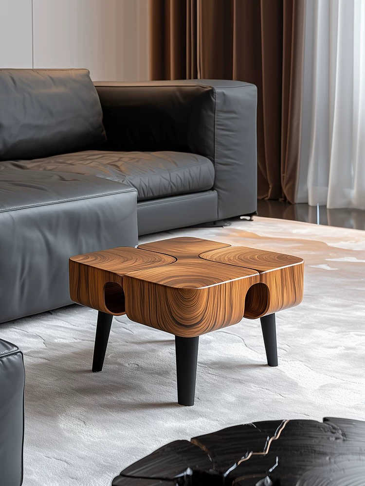 Nordic Solid Wood Square Coffee Table with Oval Cutouts – Modern Minimalist Living Room Accent Table, Natural Wood Grain End Table with Black Legs for Small Spaces