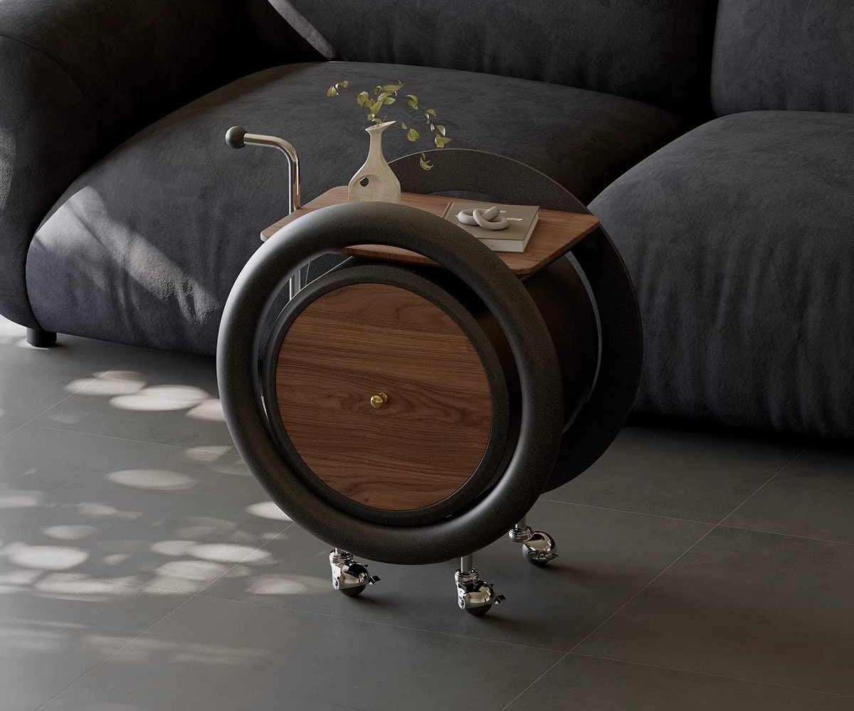 Mid-Century Modern Rolling Cart with Circular Design, Designer Mobile Storage Table with Walnut Wood Tray & Chrome Handle, Sofa Side Table on Wheels