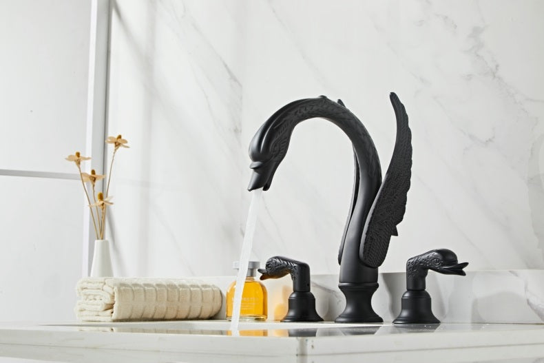 Black Luxury Swan Basin Faucet, Three-Hole Crystal Handle Bathroom Sink Mixer Tap, Designer Gold/Black Swan Lavatory Faucet