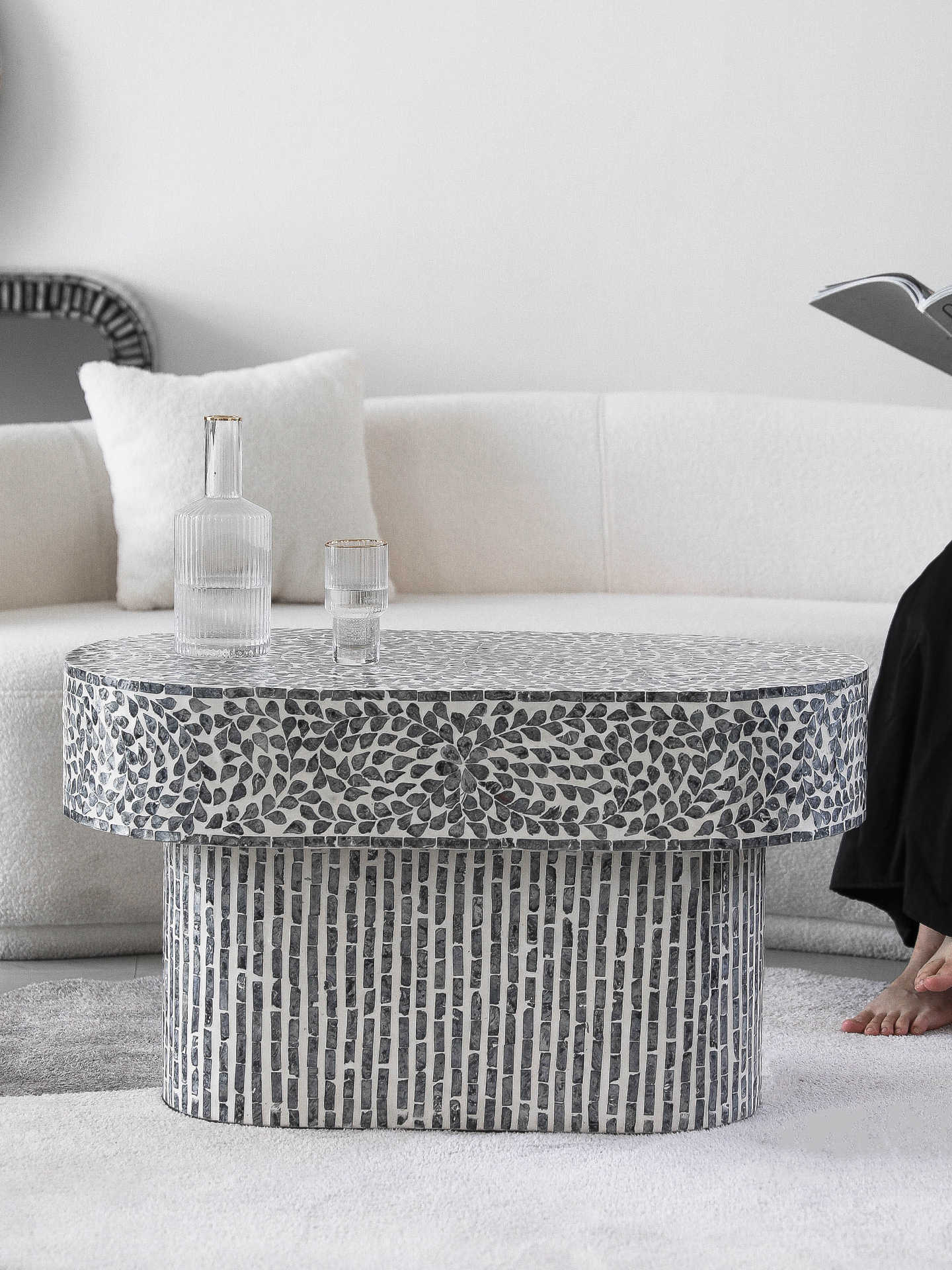 Vintage Gray Oval Coffee Table, Designer Statement Living Room Center Table for Sofa, Modern Shell Inlay Accent