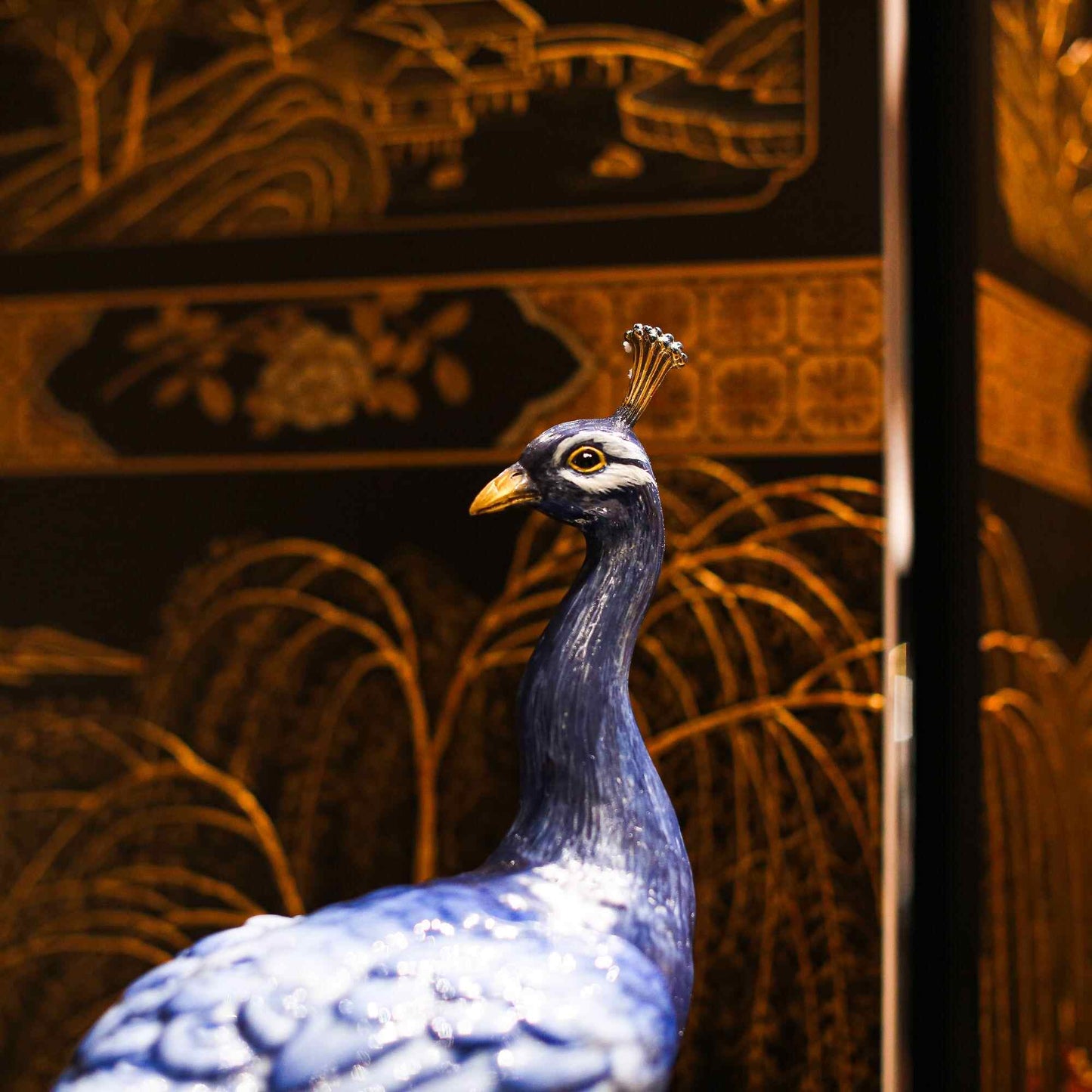 Museum-Quality Blue Ceramic Peacock Sculpture – Traditional Porcelain with Gilded Bronze Accents, Luxury Oriental Art Statement Piece