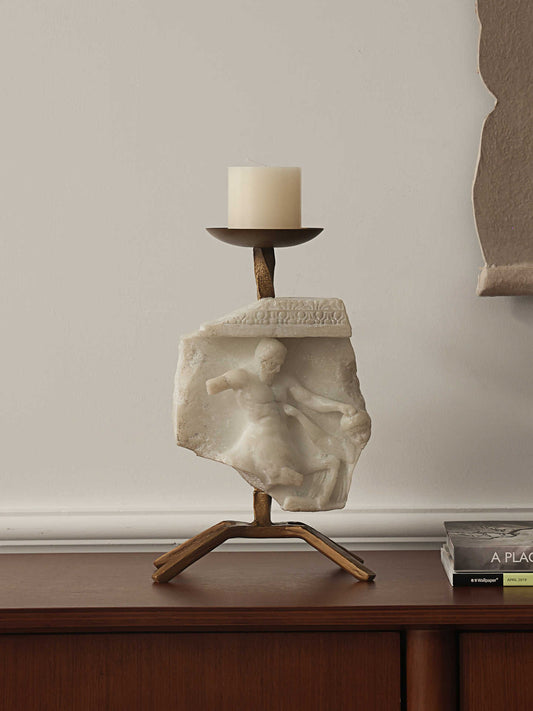 Classical Sculpture Fragment Candle Holder, French Antique Style Faux Marble Relief with Bronze Accents, Romantic Candlelight Décor