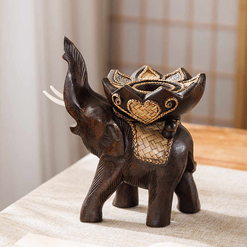 Thai Hand-Carved Wooden Elephant Candle Holder, Lotus Flower Design Aromatherapy Candlestick for Home Decor & Dining Ambiance