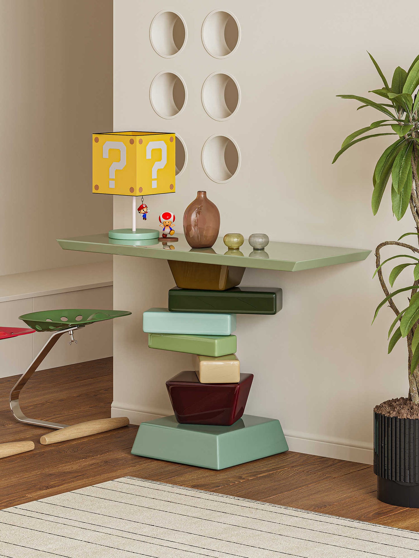 Contemporary Stacked Block Console Table – Multi-Color Geometric Base with Glass Top, Designer Entrance Table for Modern Hallways and Living Spaces