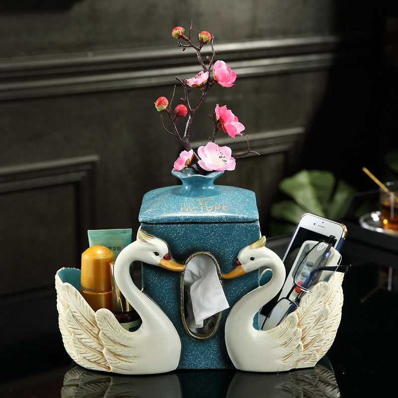Swan Tissue Box – Beige Resin Napkin Holder with Flower Vase, Elegant Romantic Storage for Living Room, Table, Entryway