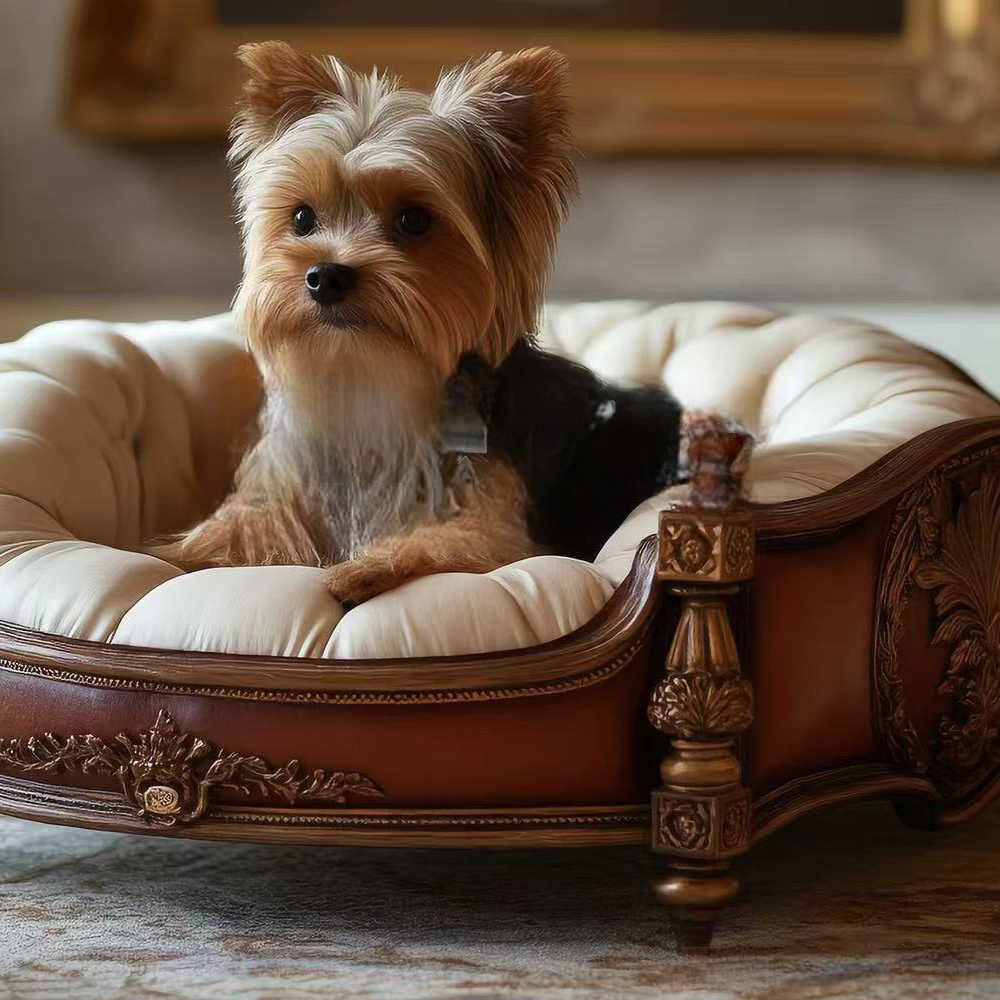 Luxury Solid Wood Pet Sofa Bed – Handcrafted Designer Cat & Dog Chaise Lounge, High-End Ornate Furniture with Plush Cushion