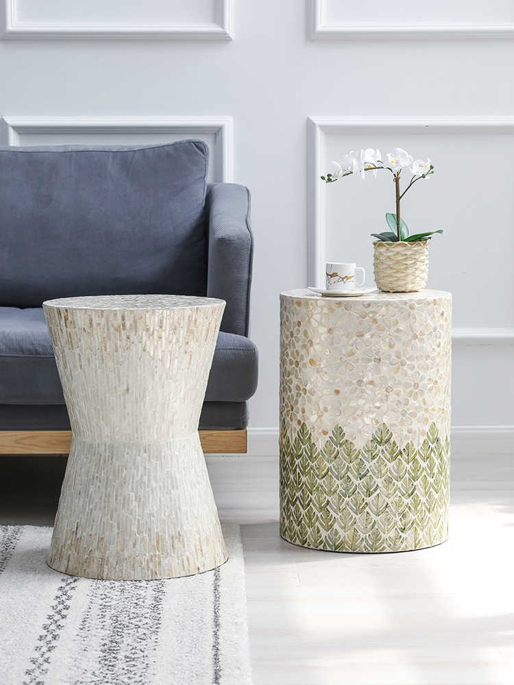 Modern Feather Leaf Stool, Designer Cylinder Side Table for Living Room, Balcony & Entryway – Green Mosaic Stool