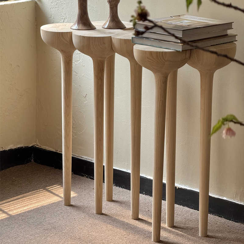 Degas Custom Esgrimas Solid Wood Console Table Set, Mid-Century Modern Entryway Display Tables with Sculptural Legs, Natural Wood Hall Accent Tables