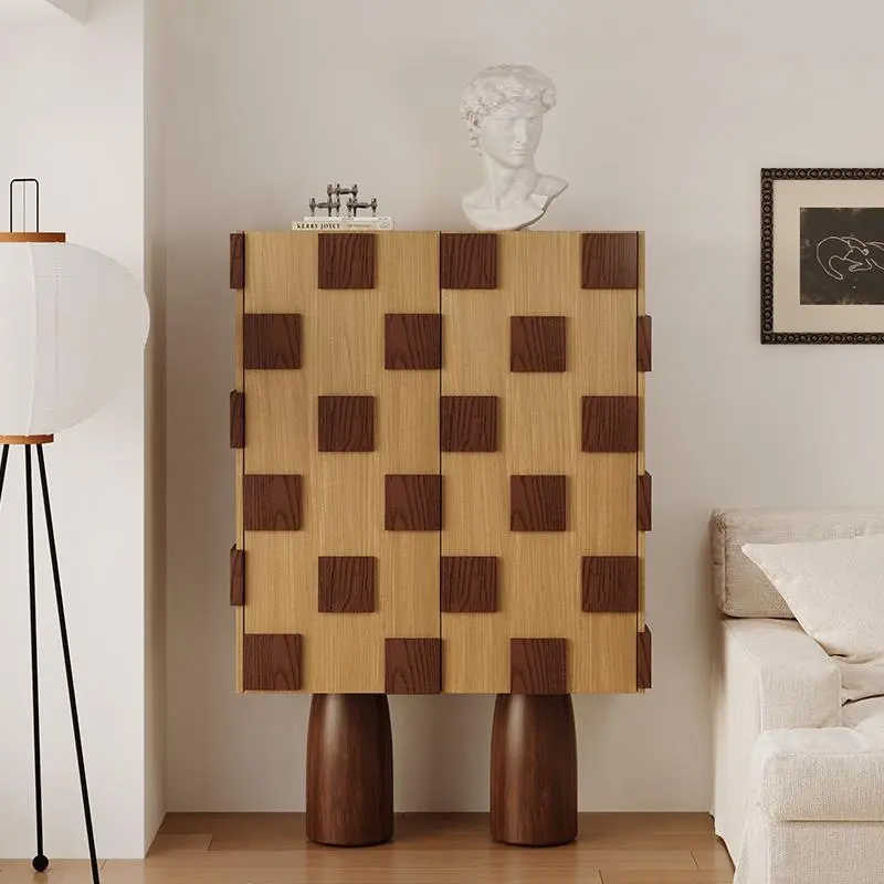 Italian Minimalist Two-Tone Checkered Tall Cabinet – Modern Luxury Storage Bar Console, Designer Cylindrical Leg Sideboard for Living Room and Dining