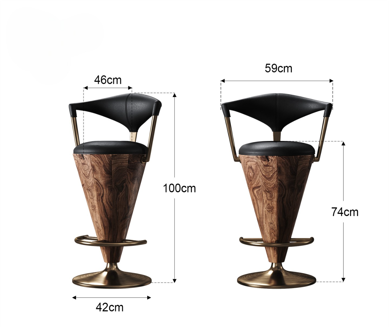 Luxury Designer Leather Bar Stool – Walnut Cone Base Gold Frame, Modern Counter Height Chair with Backrest for Kitchen Island, Bar, or Villa