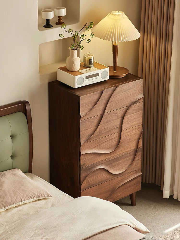 Nordic Walnut Wood Chest of Drawers – Modern Sculptural Wave Pattern 5-Drawer Dresser, Bedroom Storage Cabinet, Contemporary Accent Organizer for Living Room