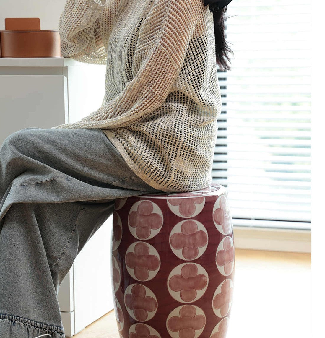 Ceramic Garden Stool with Hand-Painted Four-Leaf Clover, Red Decorative Drum Stool for Living Room, Patio & Side Table Use