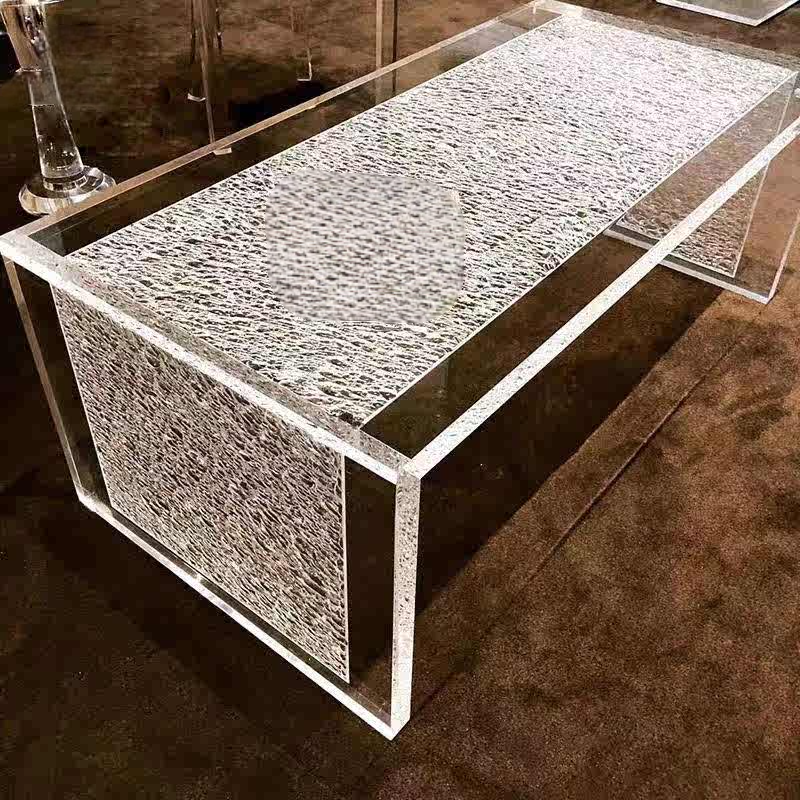 Modern Designer Clear Acrylic Rectangular Coffee Table, Artistic Stone/Wave Texture, Custom Luxury Living Room Center Table