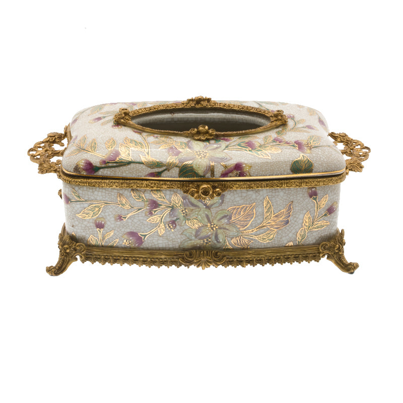 Luxury Gilded Floral Porcelain and Brass Tissue Box, Elegant Tissue Holder for Living Room, Coffee Table, and Decor