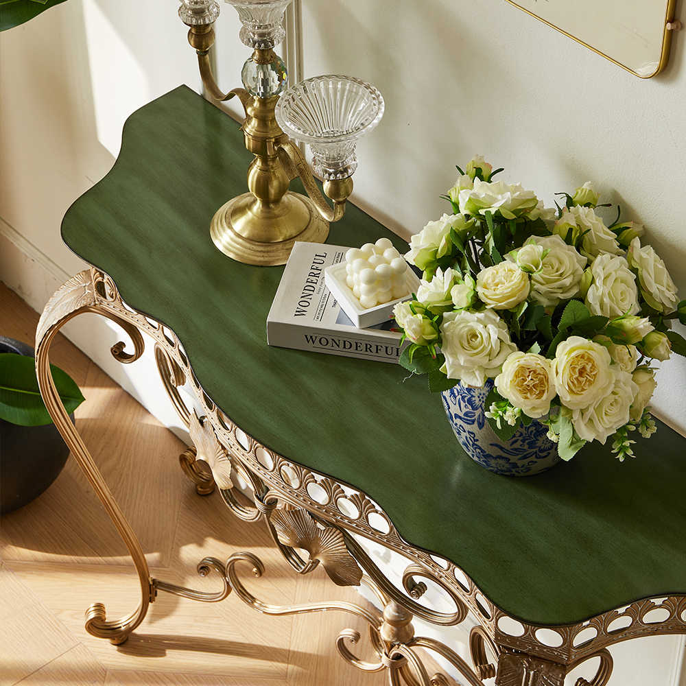 Vintage Country Console Table – Ornate Gold Metal Entryway Hall Table with Curved Legs and Art Deco Storage