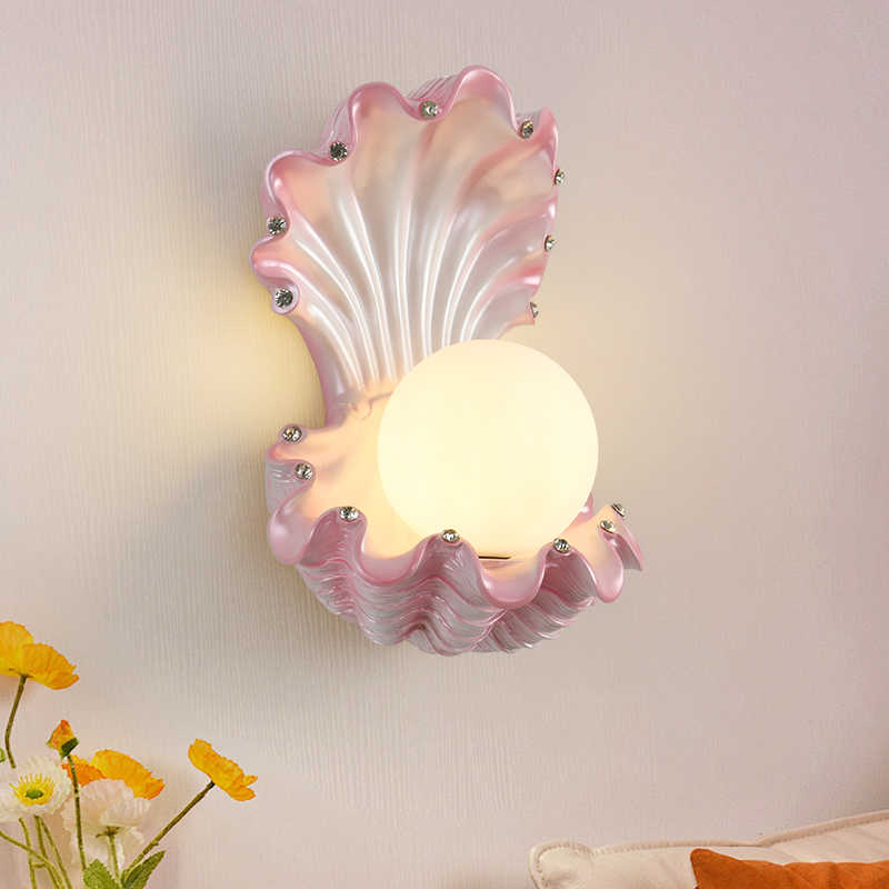 Cream Style Pink Shell Wall Lamp, Resin & Glass Pearl Accent Sconce for Bedroom, Children's Room, TV Background, (Wired, Pair)