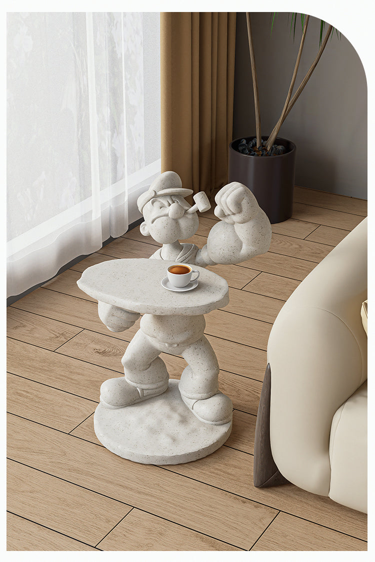 Popeye Sailor Man Sculptural Side Table, Creative Art Designer Resin Figure Accent Table, Modern Cartoon Character Coffee Table for Living Room, Light Gray