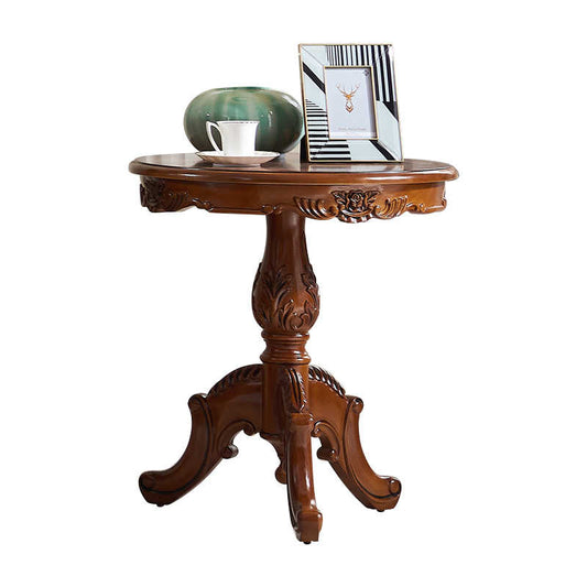Classic American Solid Wood Round Side Table – Hand-Carved Pedestal Accent Table with Rose Detail, Victorian Style End Table for Living Room