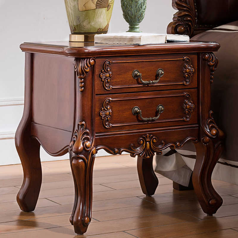 Classic American Solid Wood Nightstand with Carved Details – European Style Bedside Cabinet with 2-Drawer Storage for Bedroom