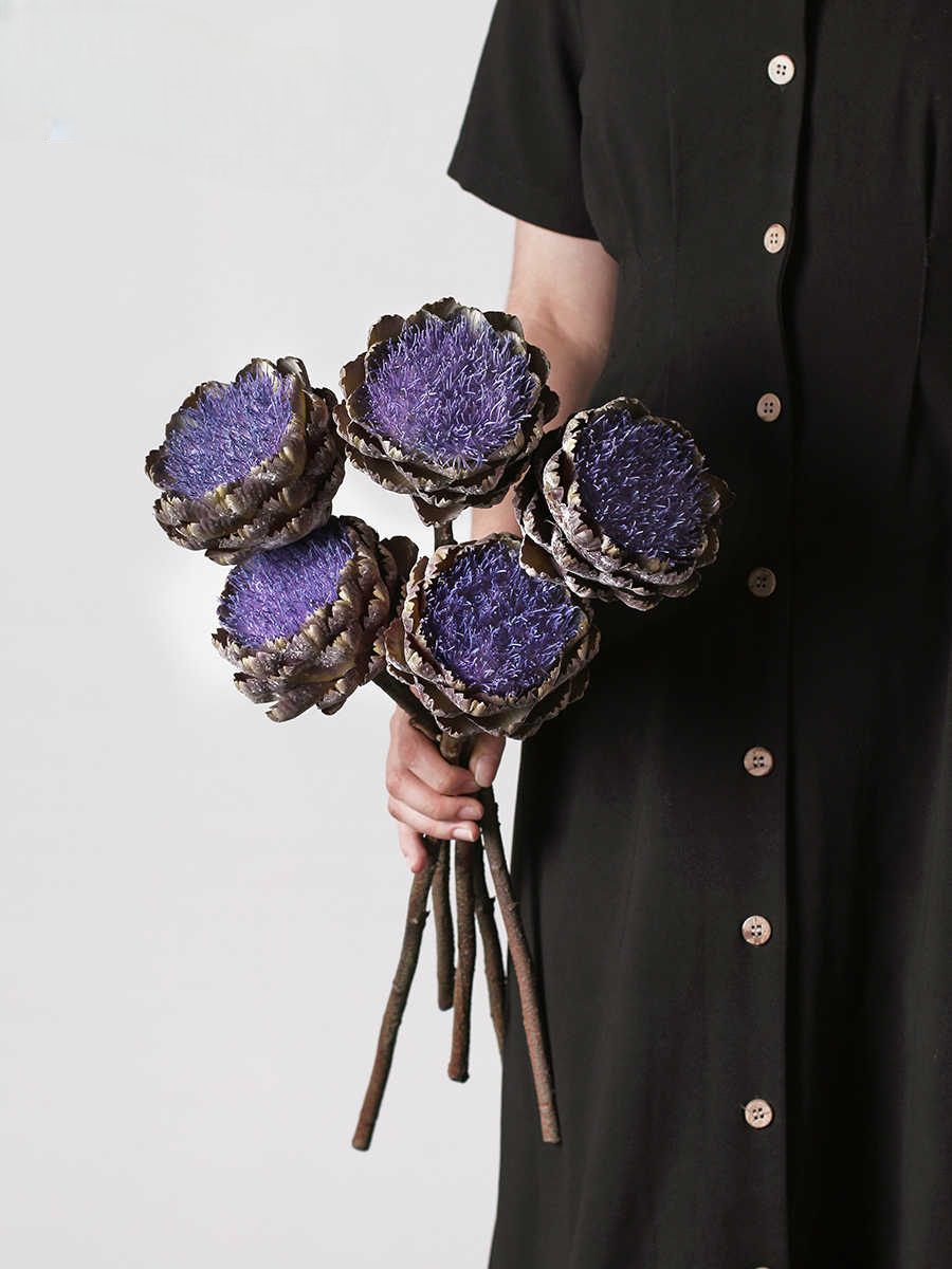 Vintage Artichoke Artificial Flower, High-End Purple Faux Art Deco Dining Table & Vase Arrangement