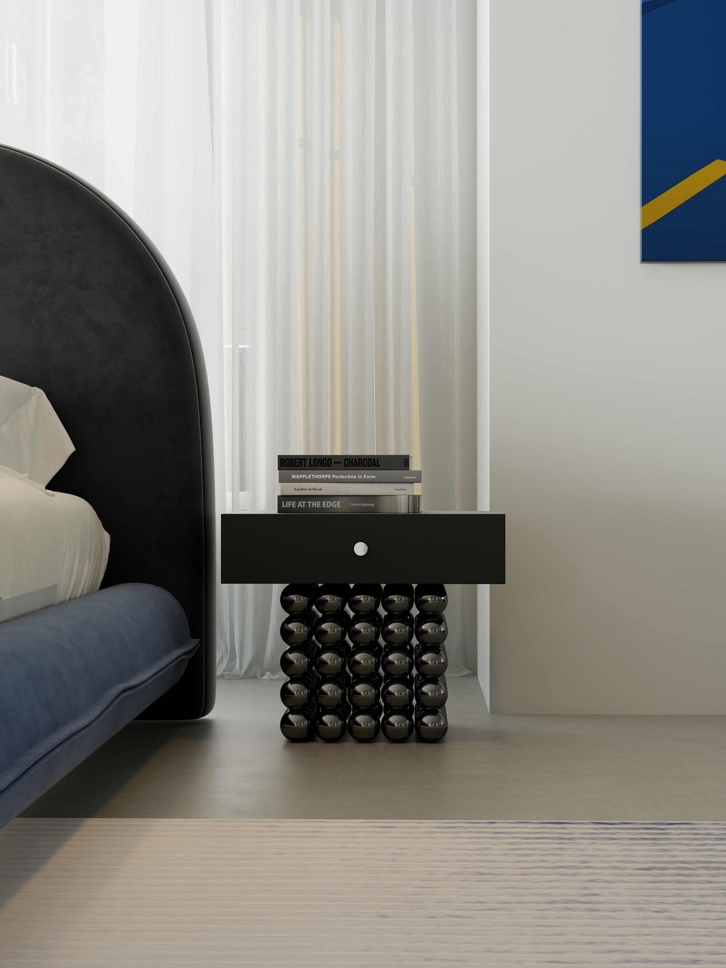 Bauhaus Inspired Floating Nightstand with Chrome Ball Base, Modern Black Side Table with Drawer Storage, Contemporary Steel Sphere Pedestal Design