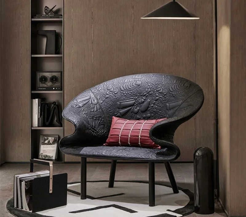 Designer Graffiti Art Armchair, Black Fiberglass Single Lounge Chair, Modern Hotel & Living Room Statement