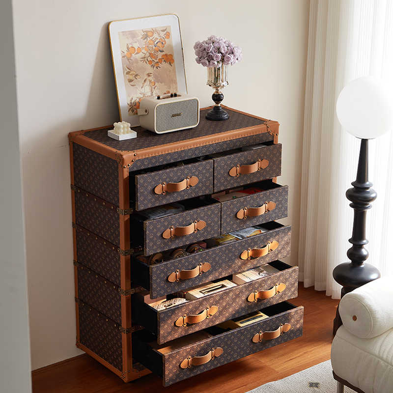 French Vintage Steamer Trunk Style Chest of Drawers, Classic Monogram Canvas Pattern Storage Cabinet with Leather Trim