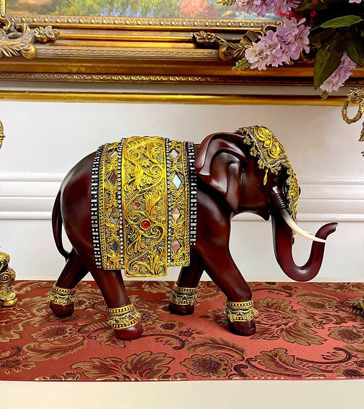 Luxury Handcrafted Elephant Pair Figurines, Villa & Entryway Statement Decor, Chestnut Brown with Ornate Golden Details