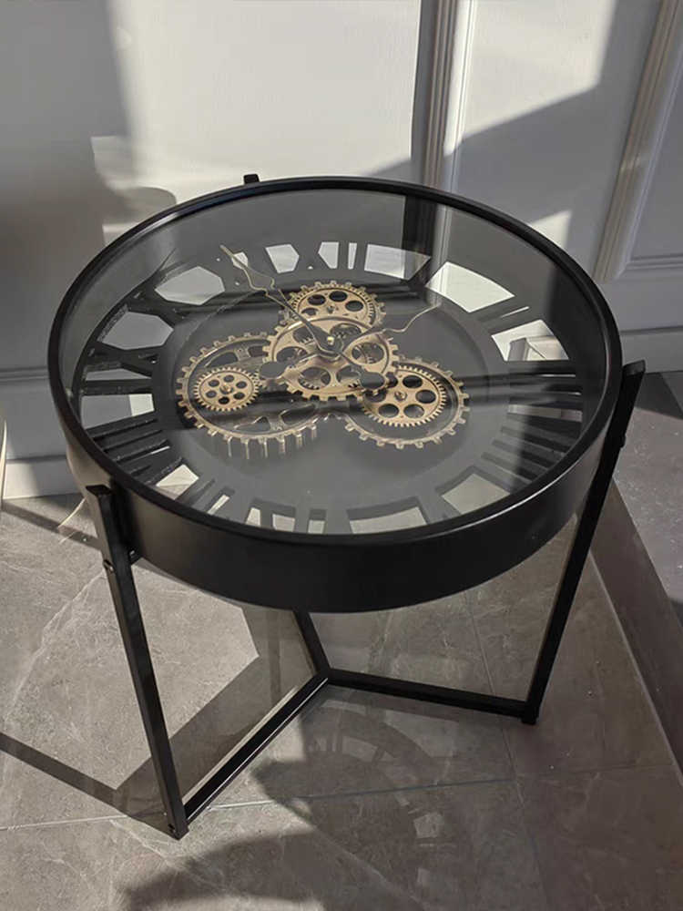 Vintage Gear Clock Side Table, Nordic Luxury Industrial Style Round Glass Coffee Table for Small Spaces, Black